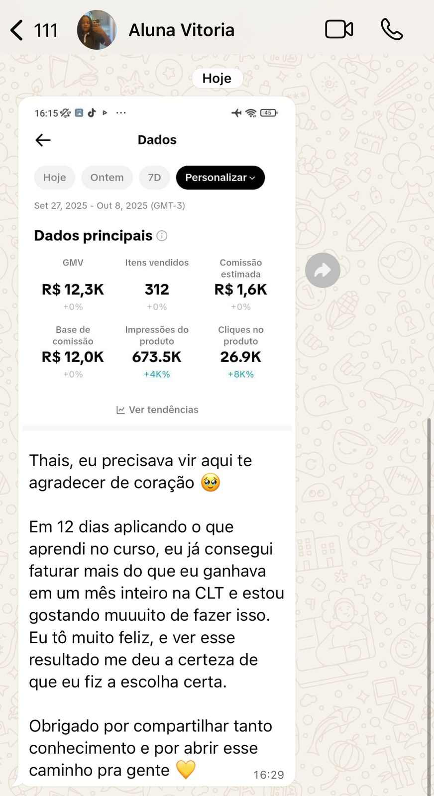 Depoimento Aluna Vitoria - R$ 12,3K GMV